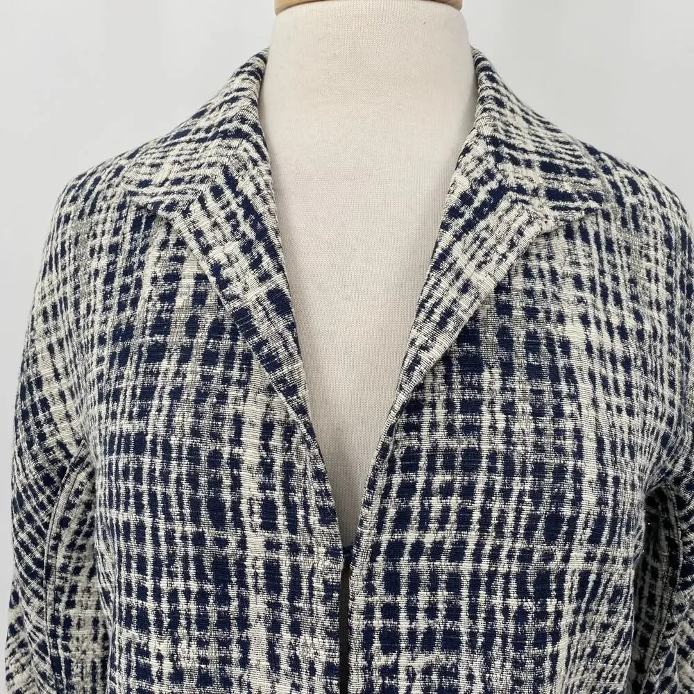 Lafayette 148 Blazer Textured Woven Abstract Plaid Check Pattern Navy Cream S